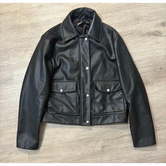 Zara Faux Black Leather Boxy Bomber Jacket XS Motorcycle Moto Biker Cropped - Picture 2 of 10